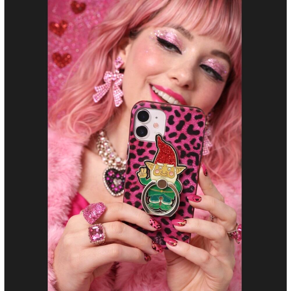 Betsey Johnson Elf Gnome Phone Ring Stand Glitter Peace Sign Xmas Festive Glam